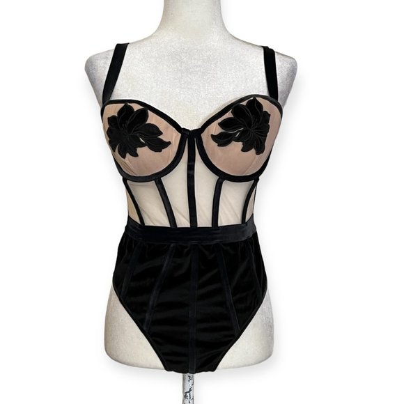 Victoria's Secret Tops - Victoria's Secret Women's Bodysuit Black Velvet Beige Sheer Size 36D Very Sexy